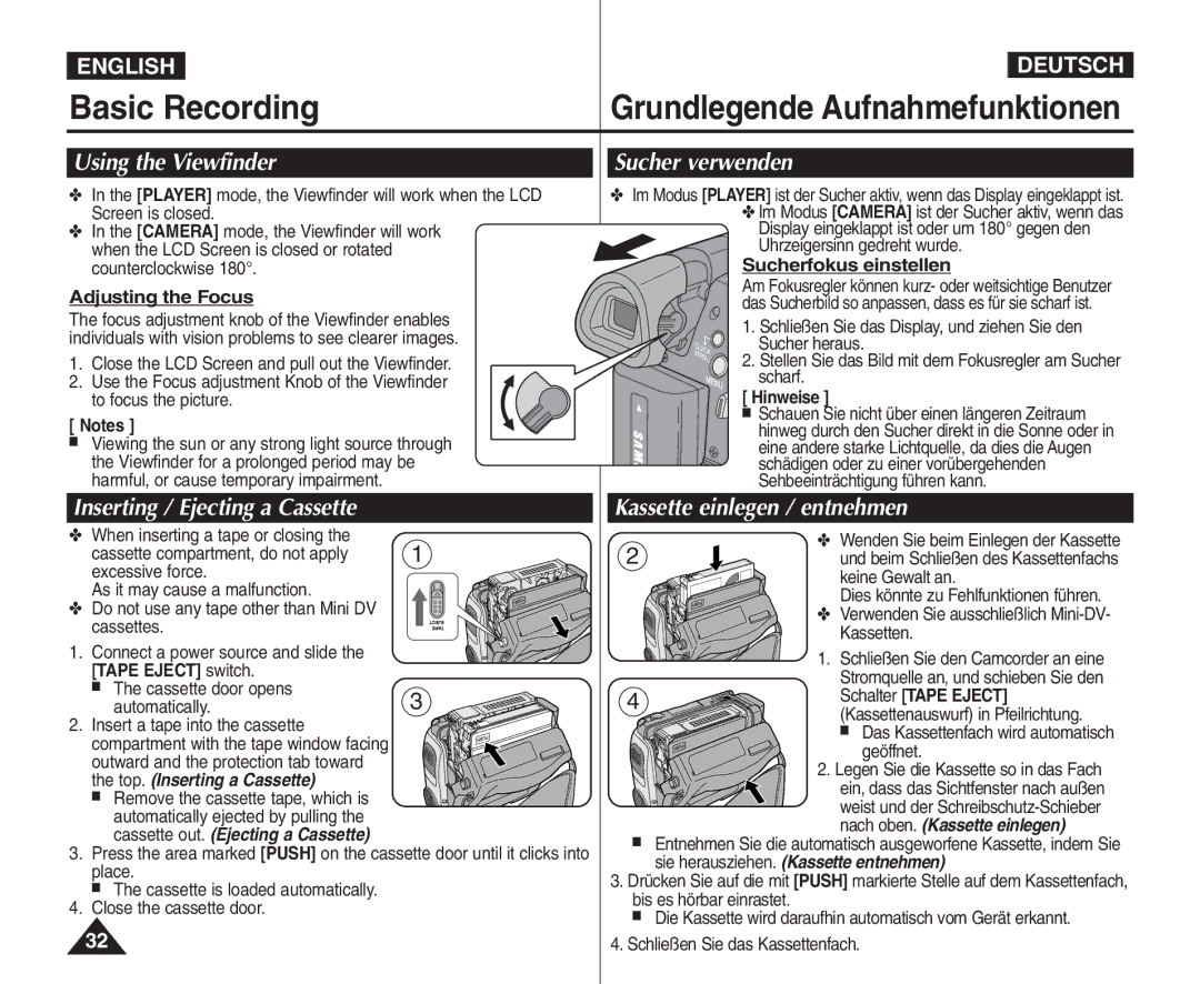 Samsung VP - D364W(i) Grundlegende Aufnahmefunktionen, Sucher verwenden, Kassette einlegen / entnehmen, Tape Eject switch 