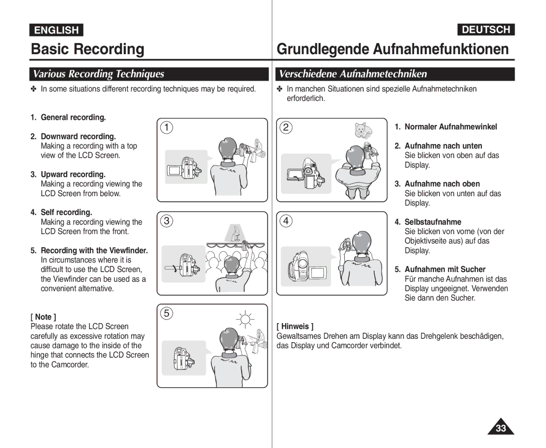 Samsung VP - D365W(i), VP - D361W(i), VP - D364W(i) manual Various Recording Techniques Verschiedene Aufnahmetechniken 