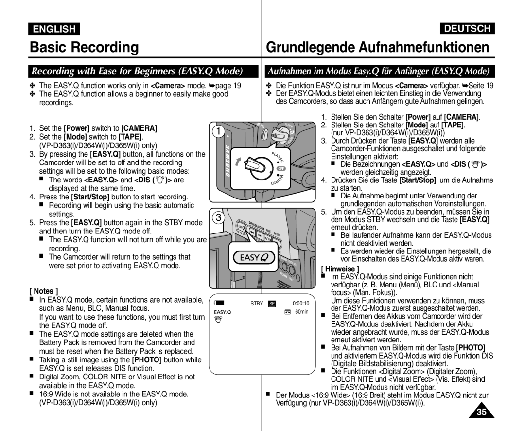 Samsung VP - D364W(i), VP - D365W(i), VP - D361W(i) Basic Recording, Aufnahmen im Modus Easy.Q für Anfänger EASY.Q Mode 