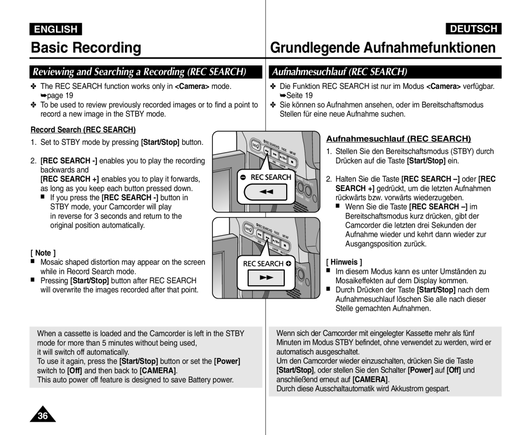 Samsung VP - D365W(i), VP - D361W(i) manual Aufnahmesuchlauf REC Search, Reviewing and Searching a Recording REC Search 