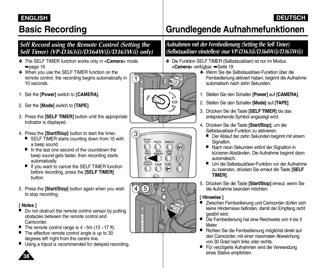 Samsung VP - D364W(i), VP - D365W(i), VP - D361W(i) manual Zu beenden, drücken Sie erneut die Taste Self Timer 