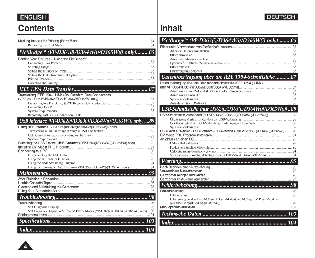 Samsung VP - D361W(i), VP - D365W(i), VP - D364W(i) manual Transferring IEEE1394 i.LINK-DV Standard Data Connections, 101 