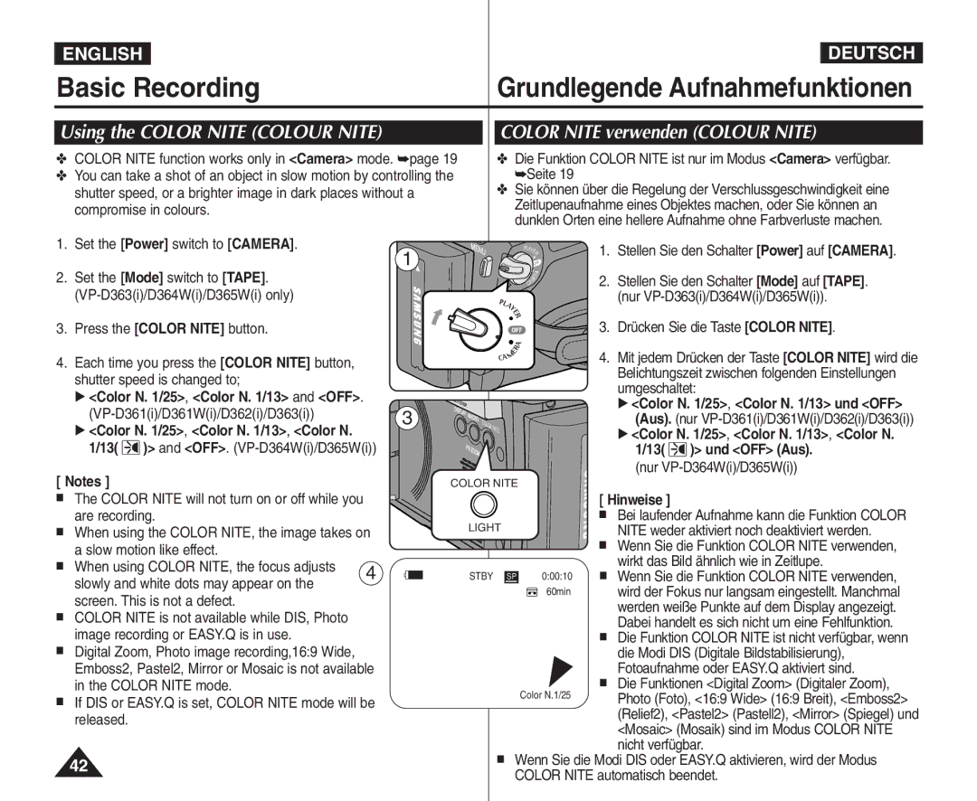 Samsung VP - D365W(i), VP - D361W(i), VP - D364W(i) manual Using the Color Nite Colour Nite, Color Nite verwenden Colour Nite 