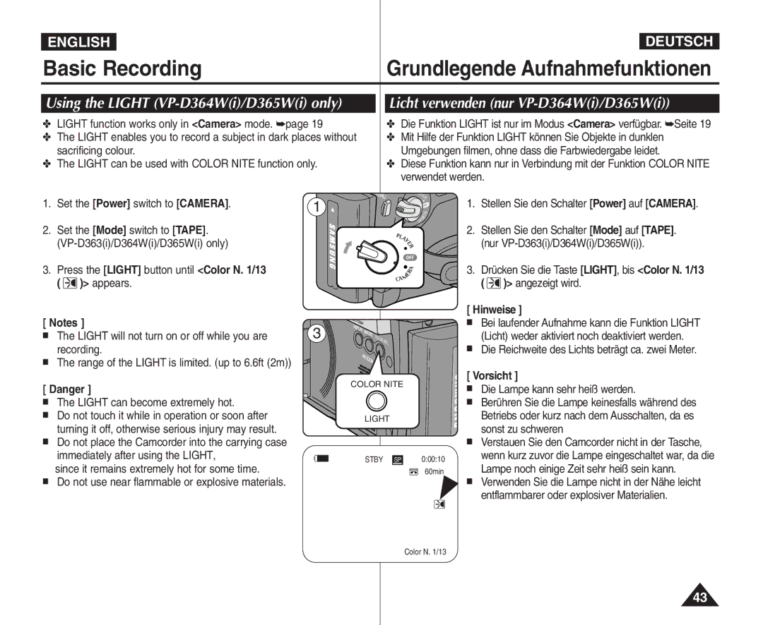 Samsung VP - D361W(i), VP - D365W(i) Using the Light VP-D364Wi/D365Wi only, Licht verwenden nur VP-D364Wi/D365Wi, Vorsicht 