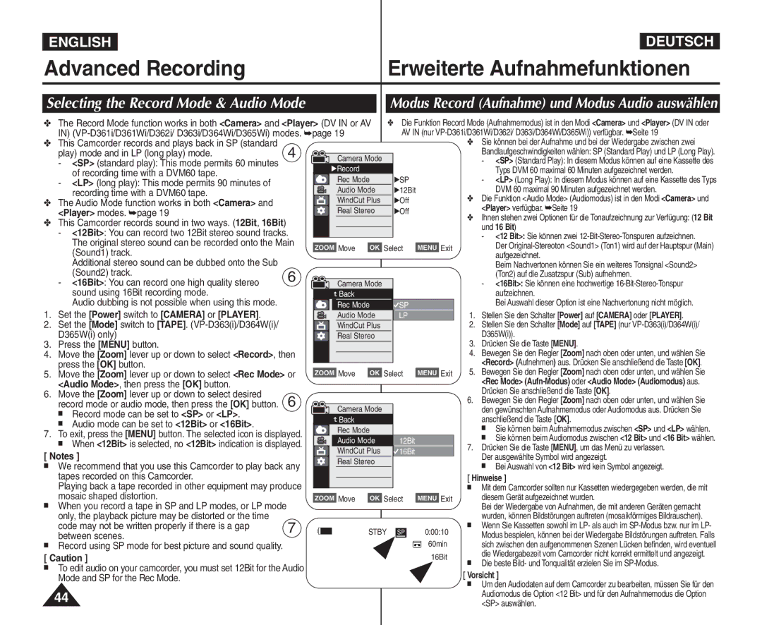 Samsung VP - D364W(i) manual Advanced Recording Erweiterte Aufnahmefunktionen, Selecting the Record Mode & Audio Mode 