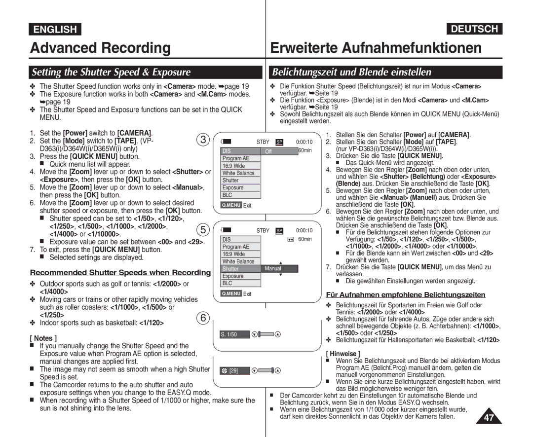 Samsung VP - D364W(i) manual 250, 1/500, 1/1000, 1/2000, 4000 or 1/10000, Recommended Shutter Speeds when Recording 