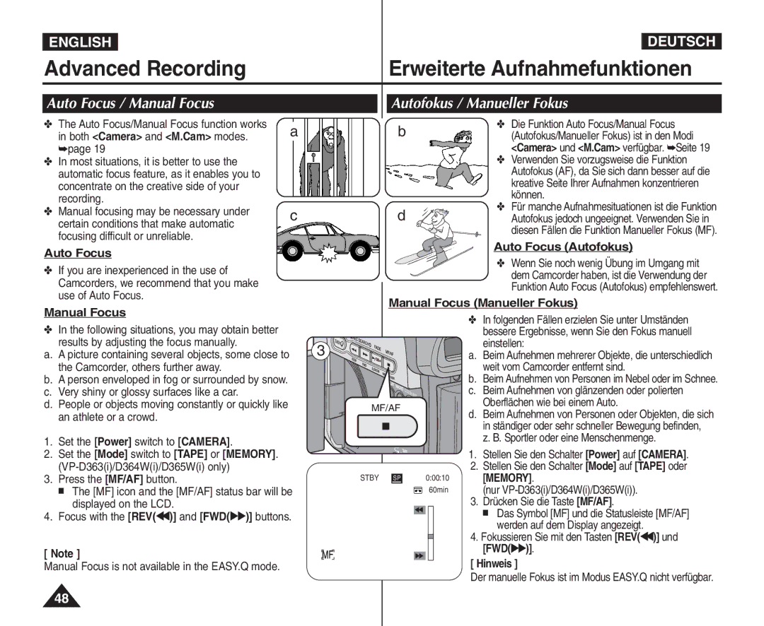 Samsung VP - D365W(i), VP - D361W(i), VP - D364W(i) manual Auto Focus / Manual Focus, Autofokus / Manueller Fokus 