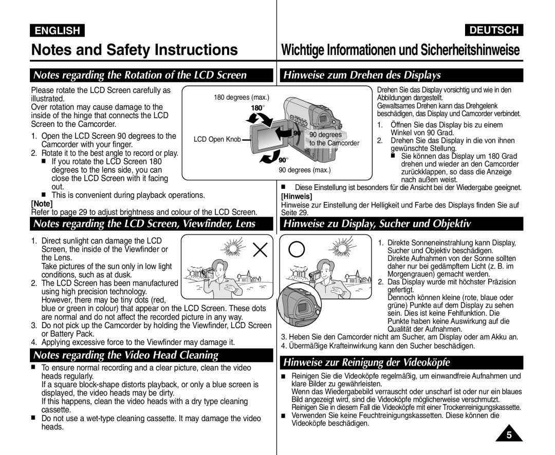 Samsung VP - D364W(i), VP - D365W(i) manual Hinweise zum Drehen des Displays, Hinweise zu Display, Sucher und Objektiv 