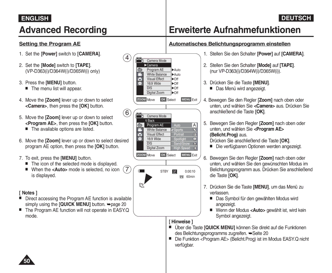 Samsung VP - D364W(i) Camera, then press the OK button, Program AE, then press the OK button, Available options are listed 