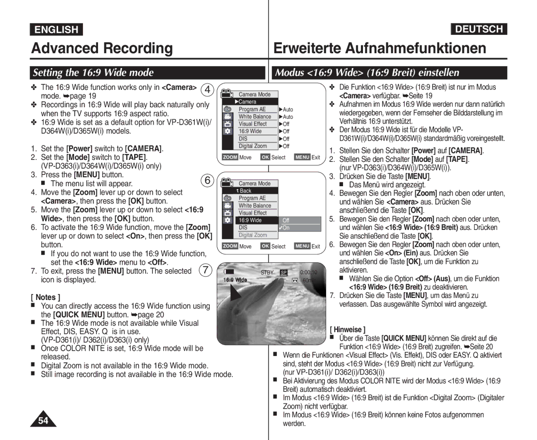 Samsung VP - D365W(i), VP - D361W(i), VP - D364W(i) manual Wide 169 Breit zu deaktivieren 