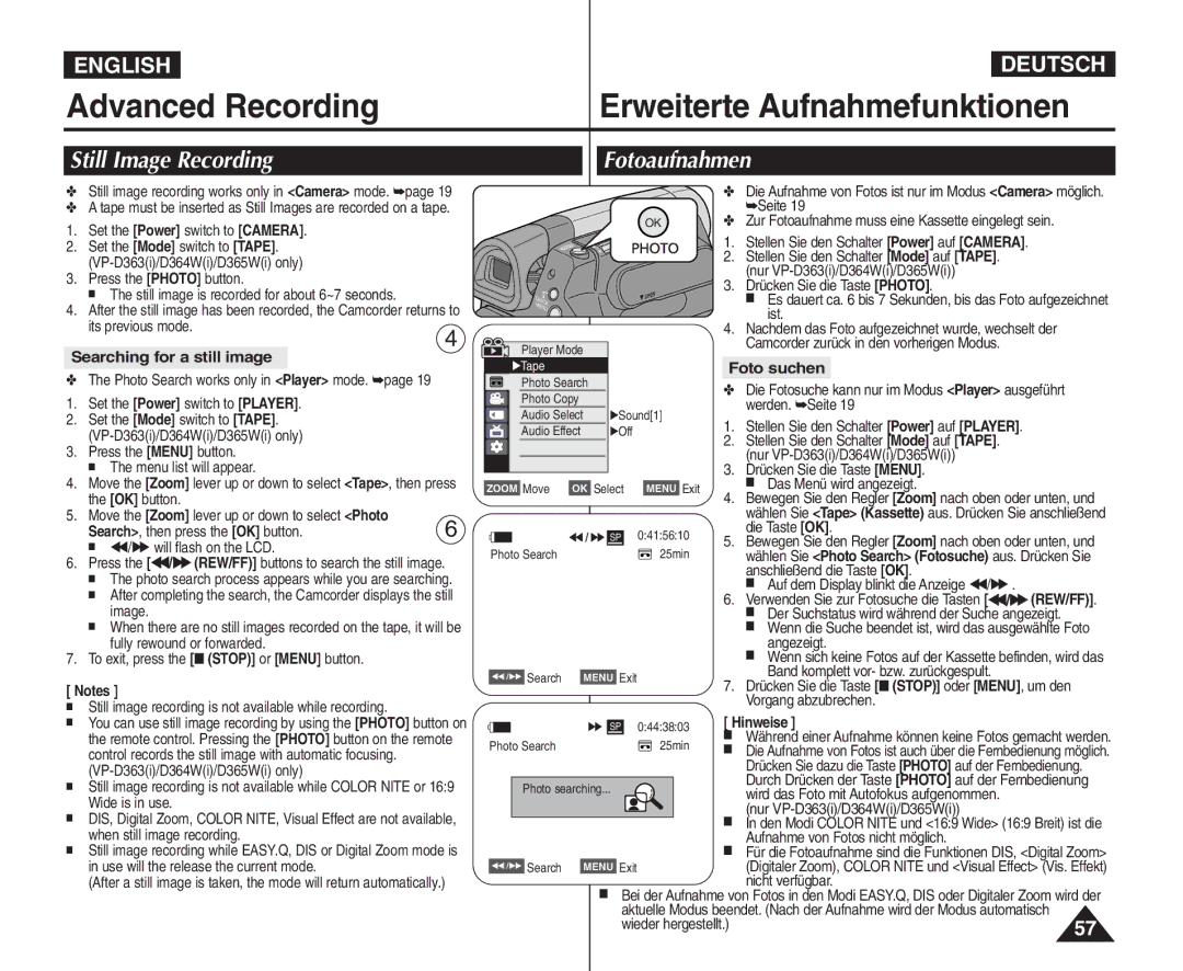 Samsung VP - D365W(i), VP - D361W(i) manual Still Image Recording Fotoaufnahmen, Searching for a still image, Foto suchen 