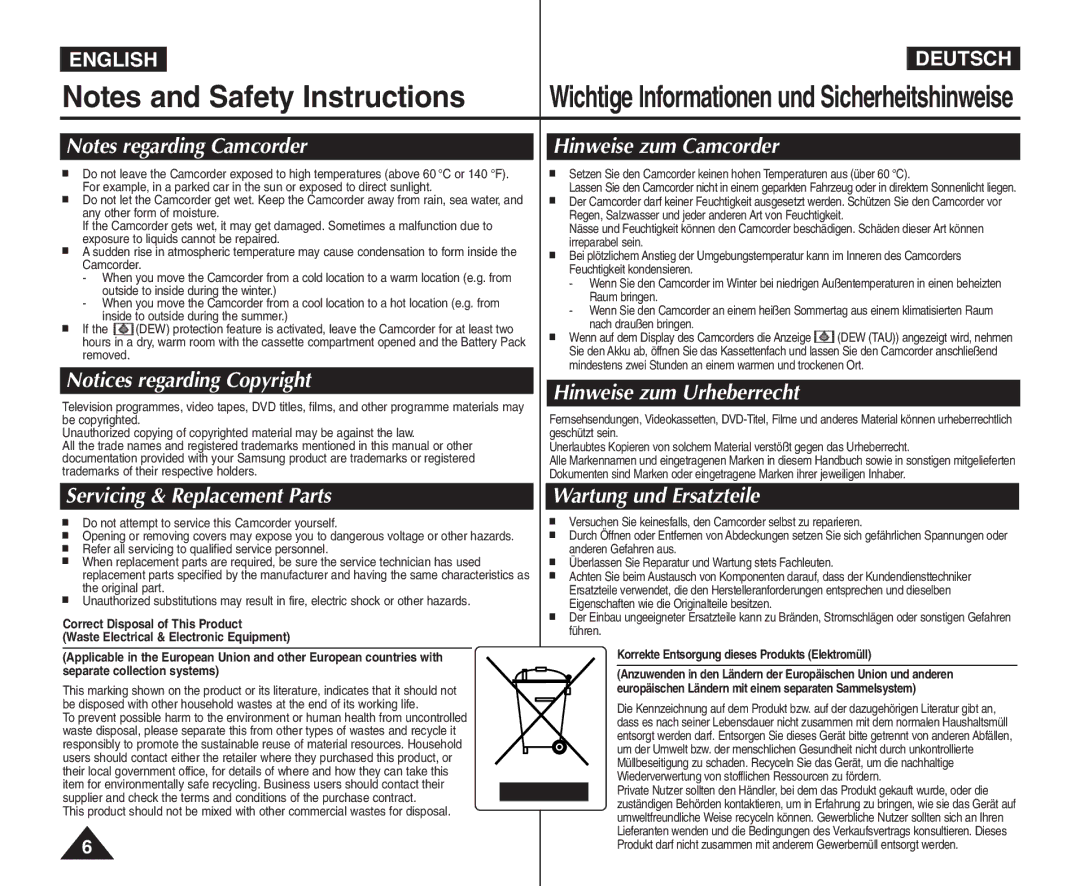 Samsung VP - D365W(i), VP - D361W(i) manual Hinweise zum Camcorder, Hinweise zum Urheberrecht, Servicing & Replacement Parts 