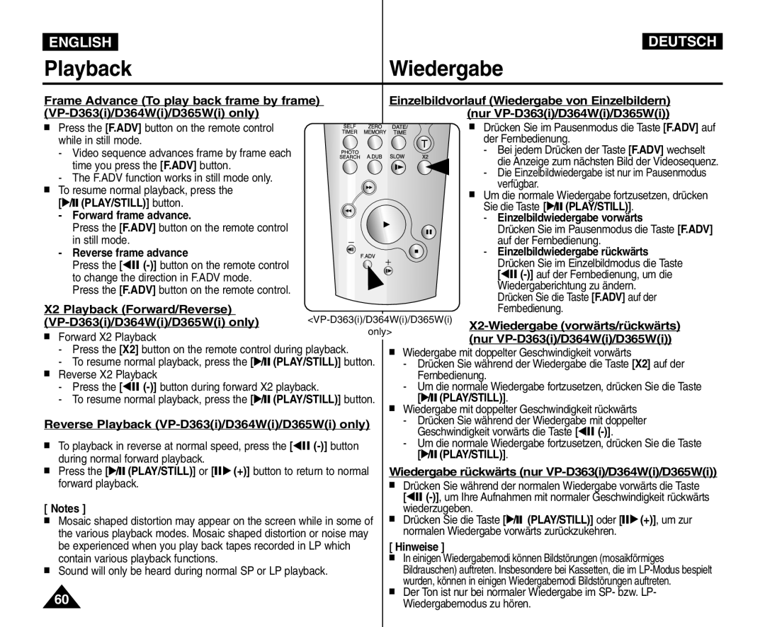 Samsung VP - D365W(i) √/ PLAY/STILL button, Forward frame advance, Reverse frame advance, Einzelbildwiedergabe vorwärts 