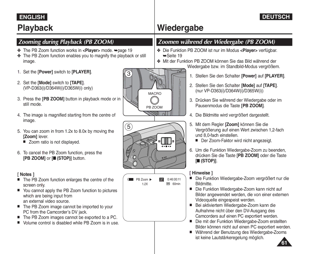 Samsung VP - D361W(i), VP - D365W(i), VP - D364W(i) manual Zooming during Playback PB Zoom 
