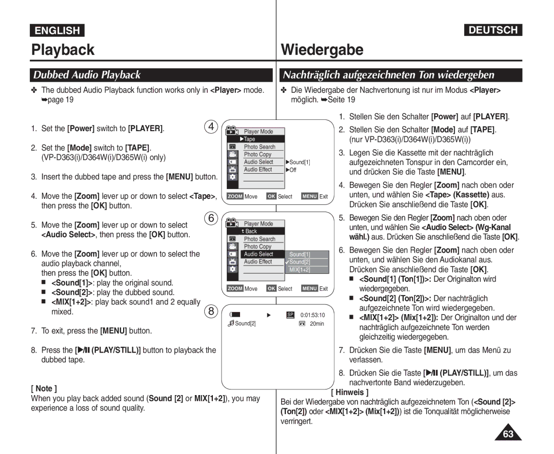 Samsung VP - D365W(i), VP - D361W(i) manual Playback Wiedergabe, Dubbed Audio Playback, Sound1 Ton1 Der Originalton wird 