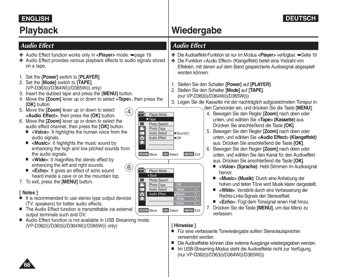 Samsung VP - D365W(i), VP - D361W(i), VP - D364W(i) manual Unten, und wählen Sie Audio Effect Klangeffekt 