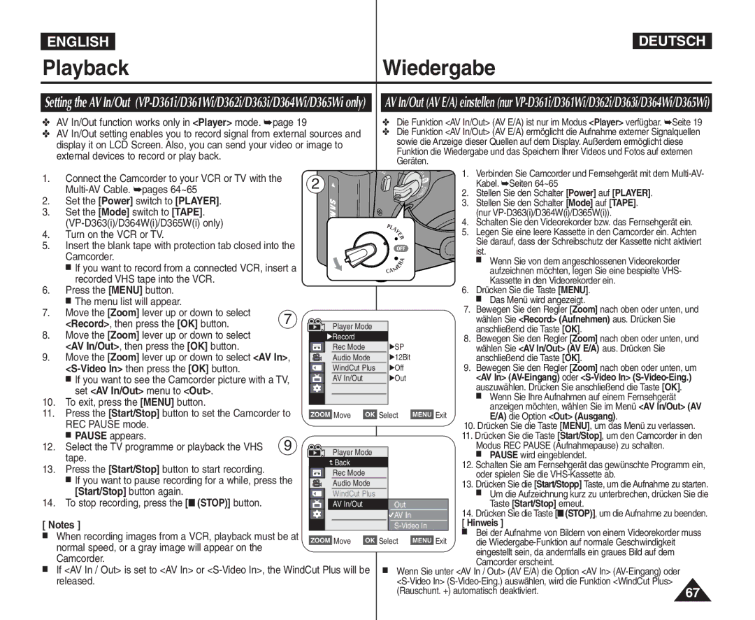 Samsung VP - D361W(i), VP - D365W(i), VP - D364W(i) manual AV In/Out function works only in Player mode, Tape 