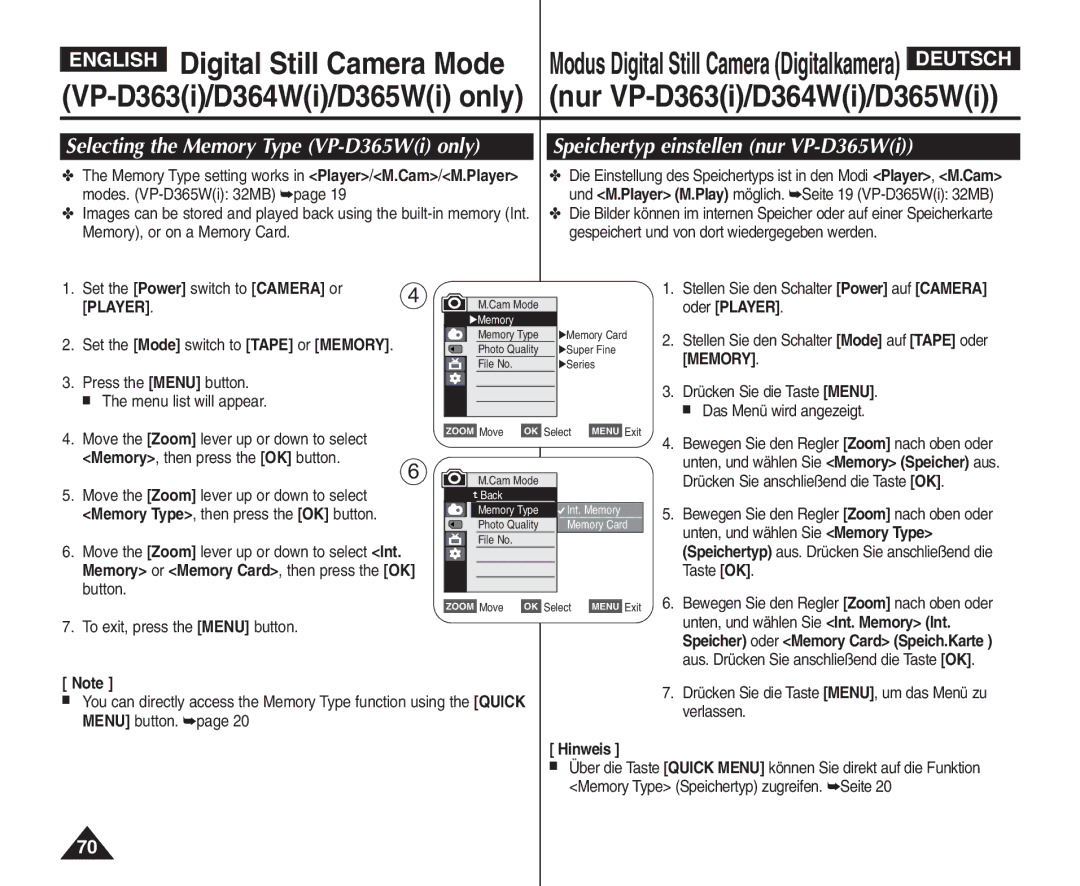 Samsung VP - D361W(i) manual Selecting the Memory Type VP-D365Wi only, Speichertyp einstellen nur VP-D365Wi, Cam Mode 