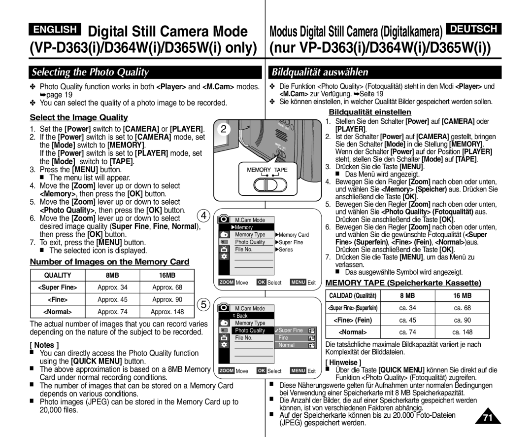 Samsung VP - D364W(i) manual Bildqualität auswählen, Selecting the Photo Quality, Number of Images on the Memory Card 