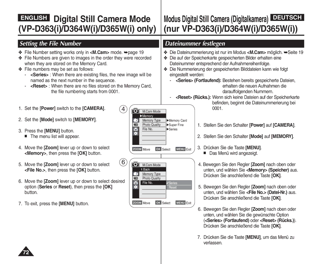 Samsung VP - D365W(i), VP - D361W(i), VP - D364W(i) manual Setting the File Number Dateinummer festlegen 