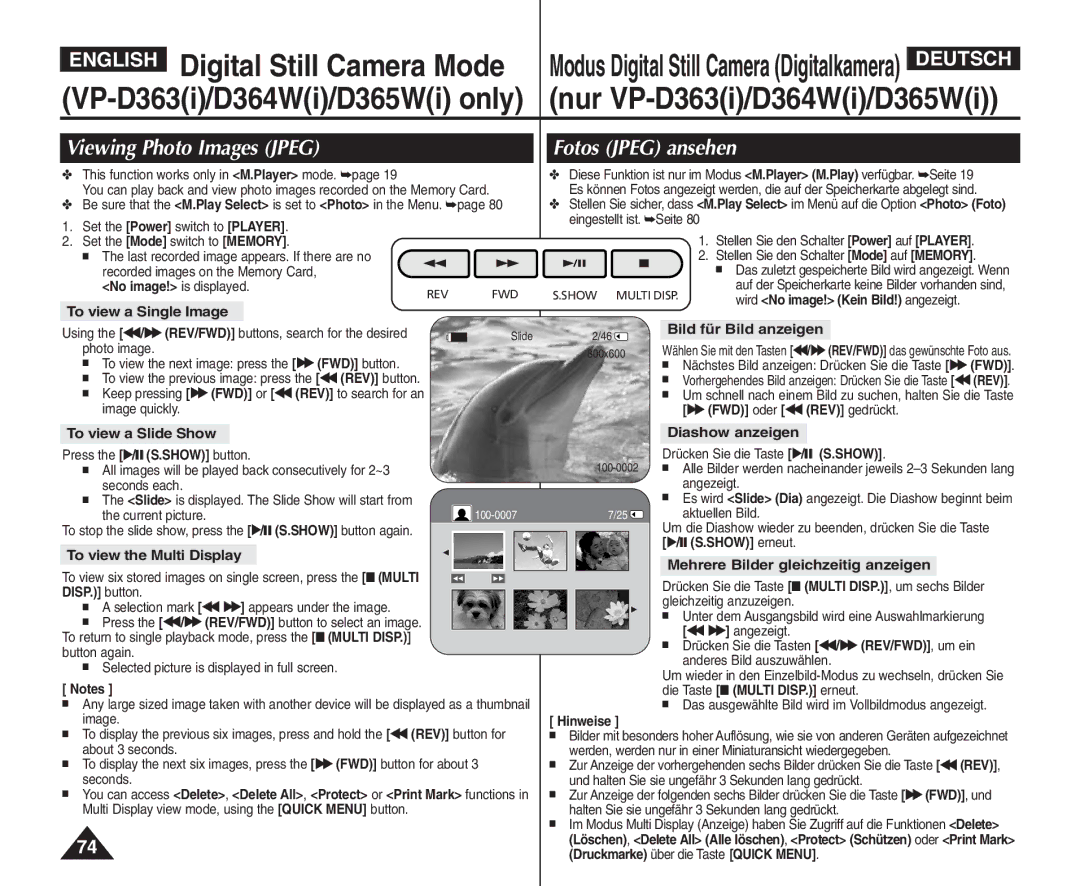 Samsung VP - D364W(i), VP - D365W(i), VP - D361W(i) manual Viewing Photo Images Jpeg Fotos Jpeg ansehen 