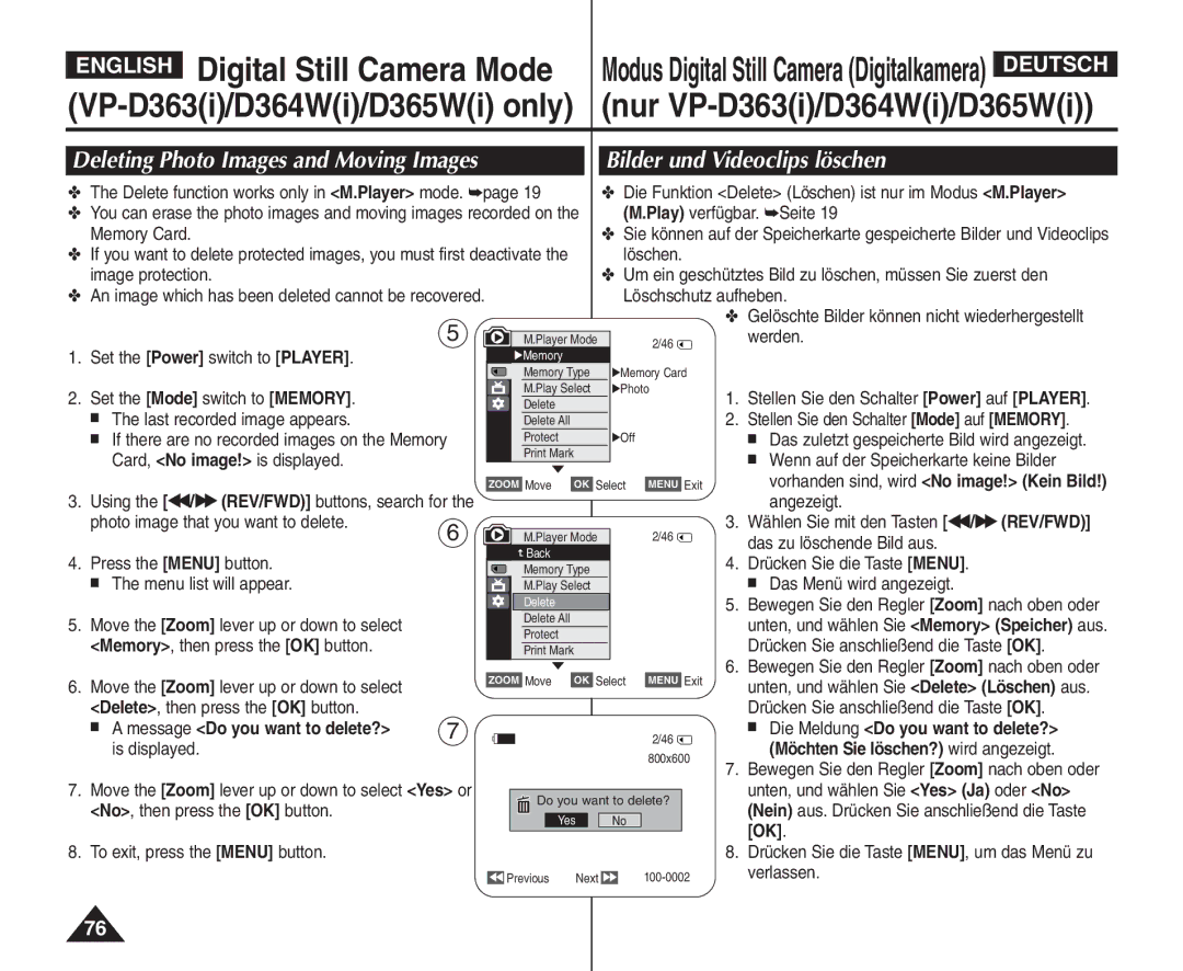 Samsung VP - D361W(i), VP - D365W(i), VP - D364W(i) Bilder und Videoclips löschen, Deleting Photo Images and Moving Images 