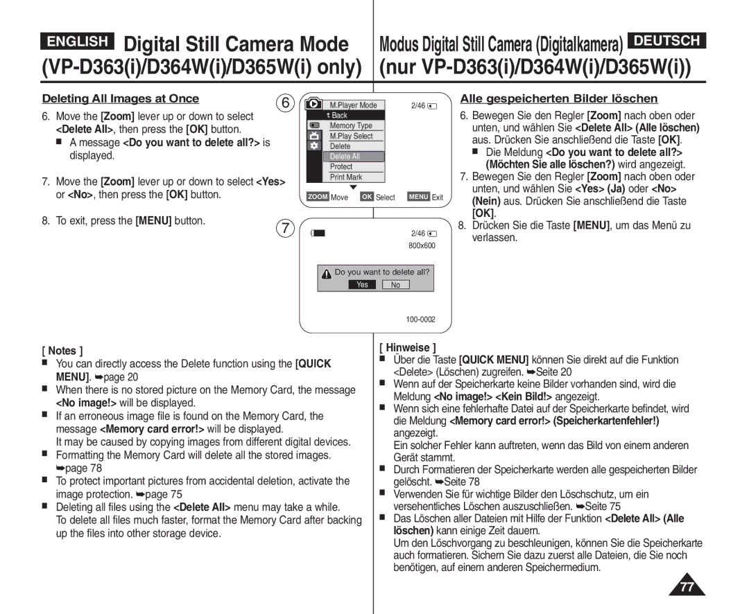 Samsung VP - D364W(i), VP - D365W(i) manual Deleting All Images at Once, Message Do you want to delete all? is displayed 