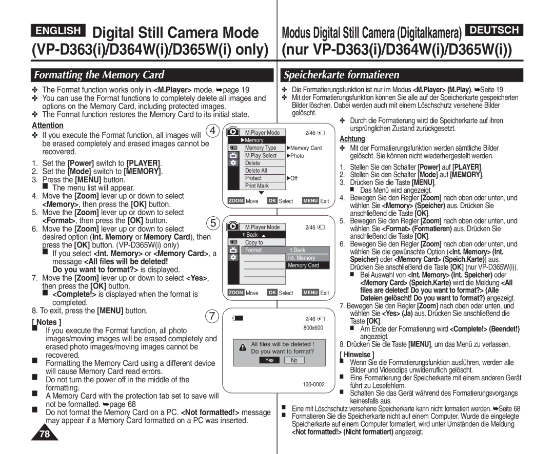 Samsung VP - D365W(i) Formatting the Memory Card Speicherkarte formatieren, Achtung, Message All files will be deleted 