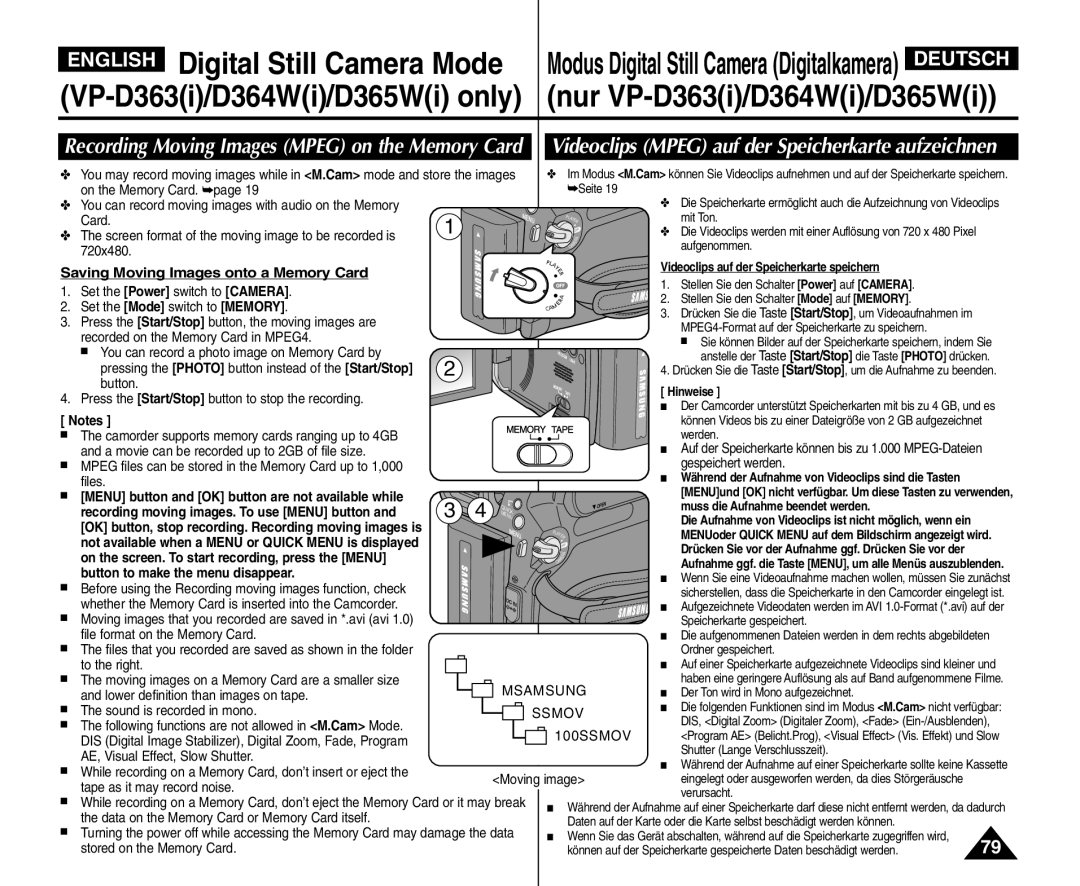 Samsung VP - D361W(i), VP - D365W(i) English Digital Still Camera Mode, Recording Moving Images Mpeg on the Memory Card 