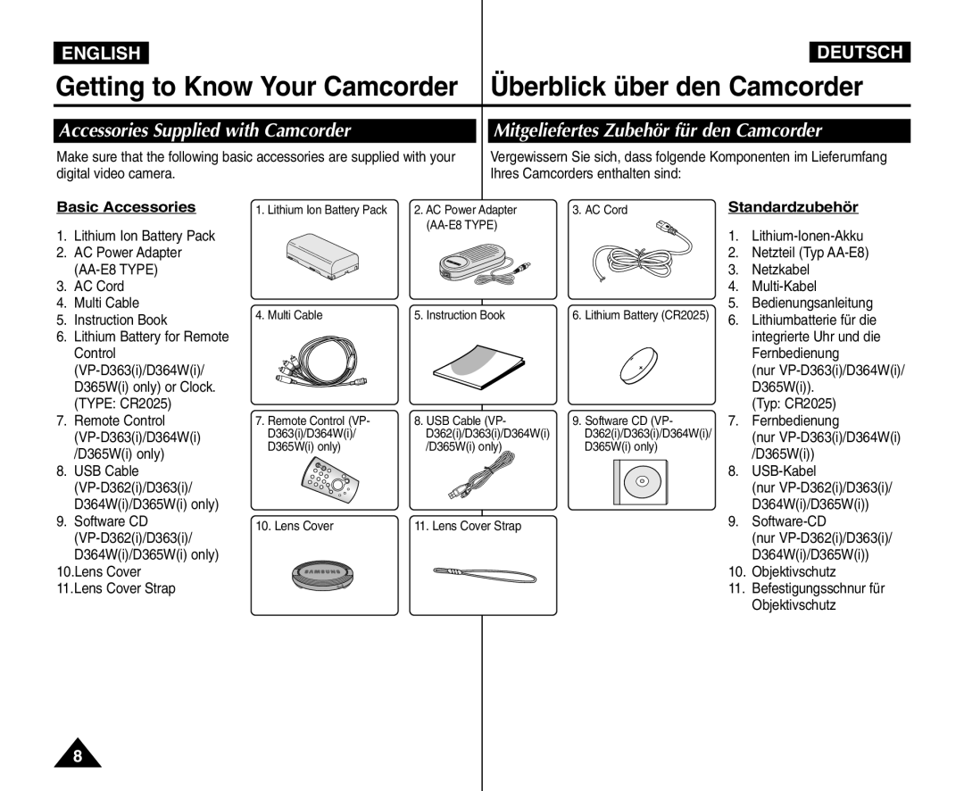 Samsung VP - D364W(i) Accessories Supplied with Camcorder, Mitgeliefertes Zubehör für den Camcorder, Basic Accessories 