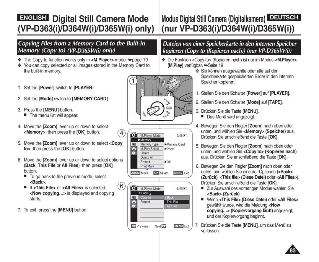 Samsung VP - D364W(i) manual Sie können ausgewählte oder alle auf der, Back, Copy to function works only in M.Player mode 