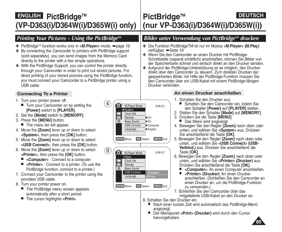 Samsung VP - D361W(i) Printing Your Pictures Using the PictBridgeTM, Bilder unter Verwendung von PictBridgeTM drucken 