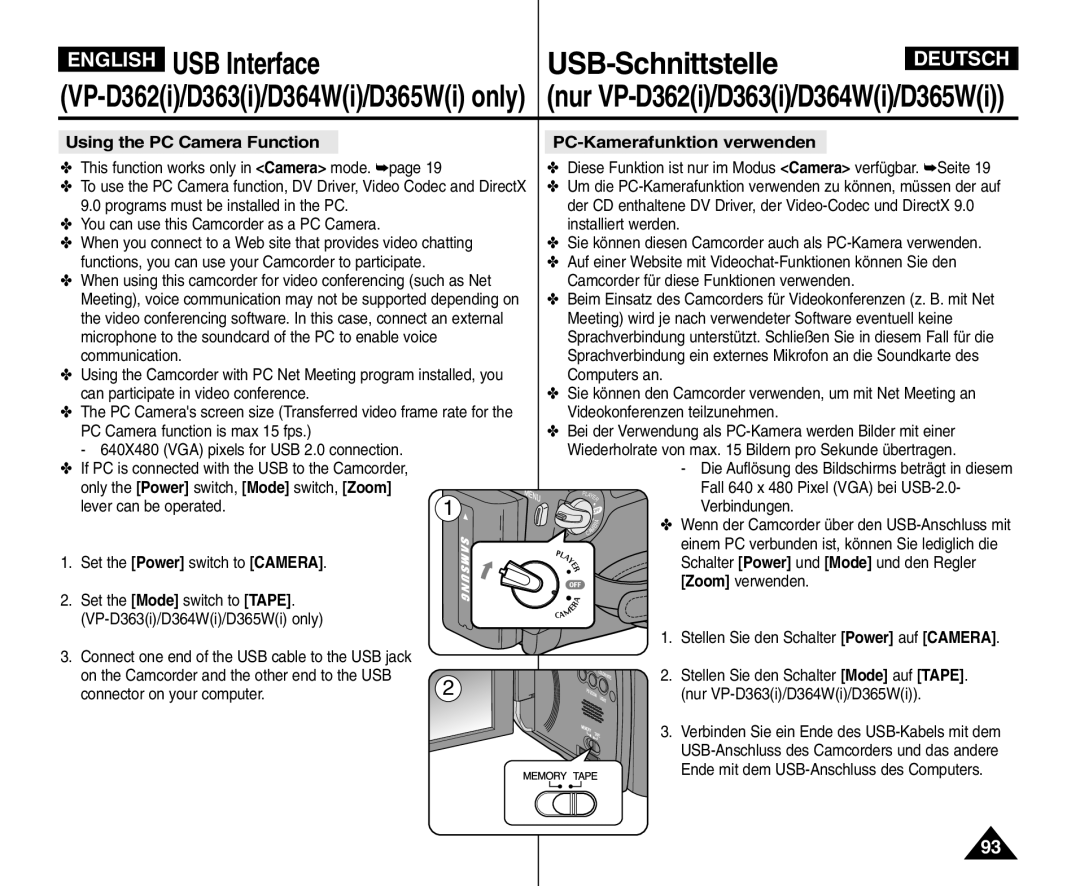 Samsung VP - D365W(i), VP - D361W(i), VP - D364W(i) manual Using the PC Camera Function, PC-Kamerafunktion verwenden 