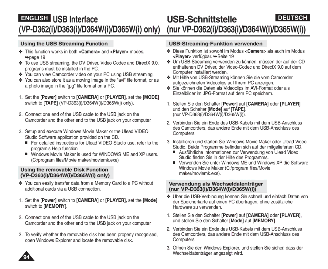 Samsung VP - D361W(i), VP - D365W(i), VP - D364W(i) manual Using the USB Streaming Function, USB-Streaming-Funktion verwenden 