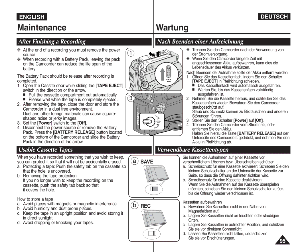 Samsung VP - D364W(i), VP - D365W(i) manual MaintenanceWartung, After Finishing a Recording Nach Beenden einer Aufzeichnung 