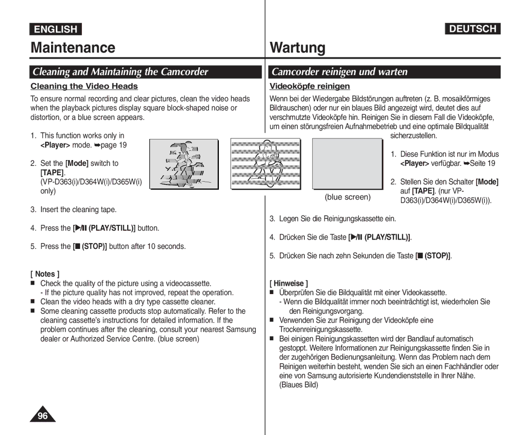 Samsung VP - D365W(i) Cleaning and Maintaining the Camcorder, Camcorder reinigen und warten, Cleaning the Video Heads 