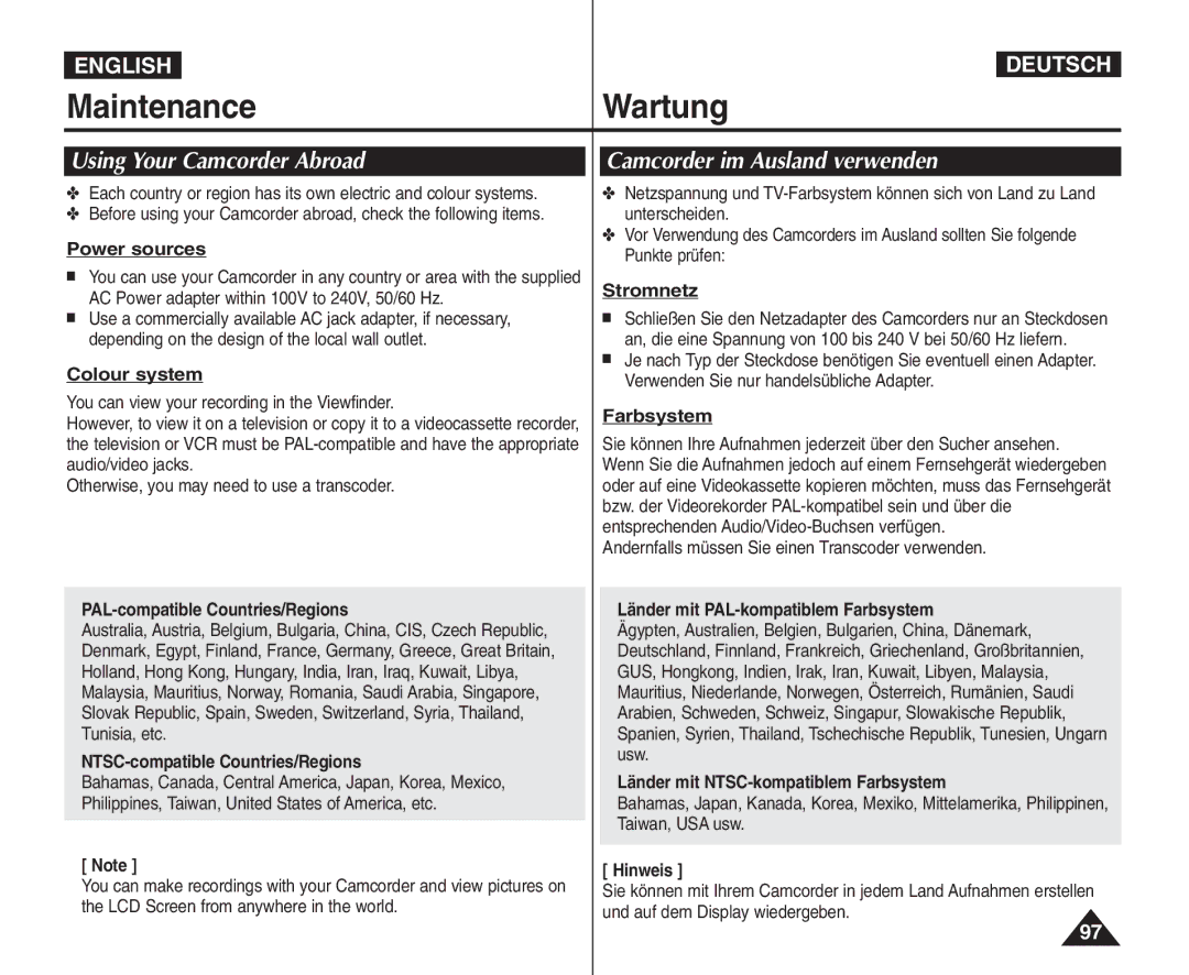 Samsung VP - D361W(i), VP - D365W(i), VP - D364W(i) manual Using Your Camcorder Abroad 