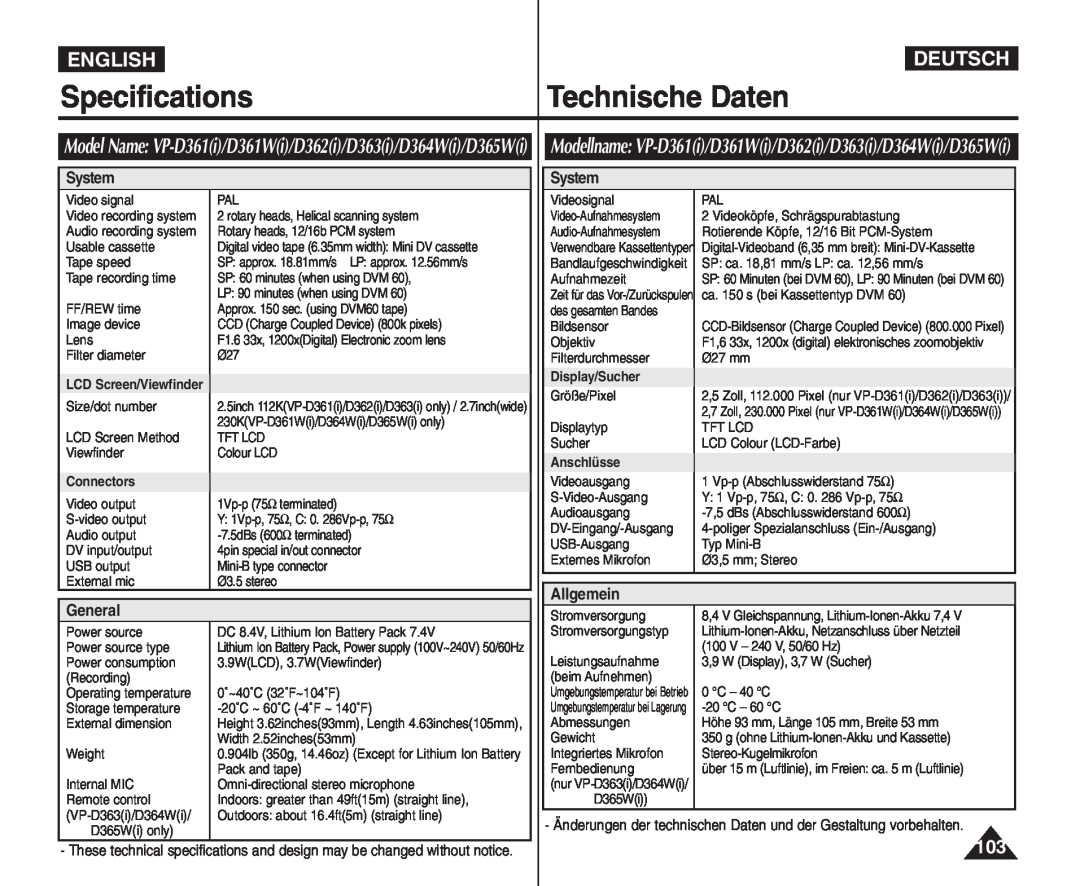 Samsung VP - D361W(i) manual Specifications, Technische Daten, English, Deutsch, System, General, Allgemein, Connectors 