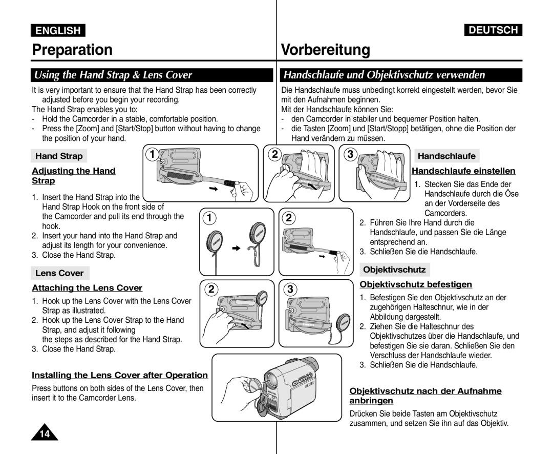 Samsung VP - D364W(i) PreparationVorbereitung, Using the Hand Strap & Lens Cover, English, Deutsch, Adjusting the Hand 