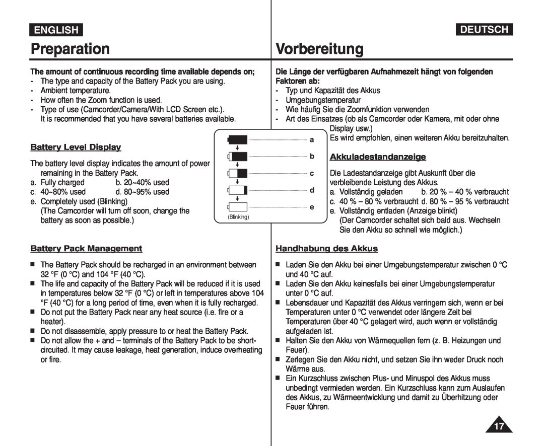 Samsung VP - D364W(i) manual PreparationVorbereitung, English, Deutsch, Battery Level Display, Battery Pack Management 