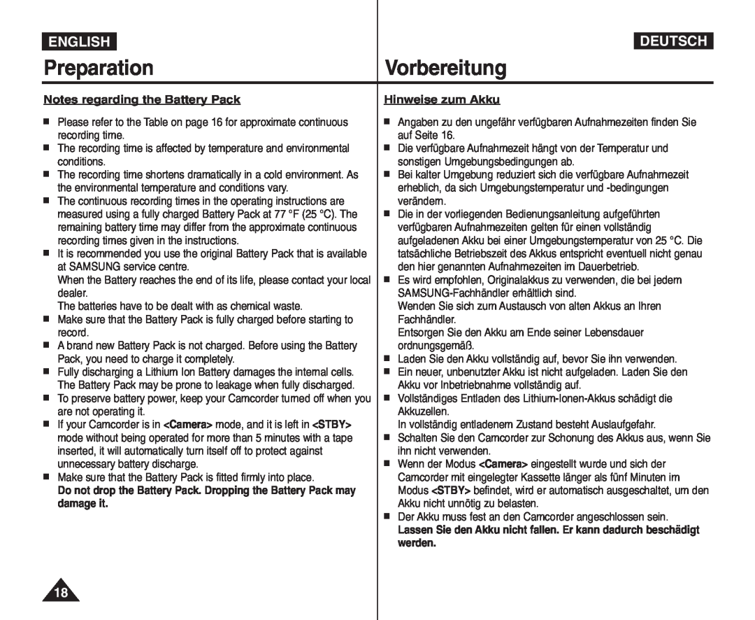Samsung VP - D365W(i) manual PreparationVorbereitung, English, Deutsch, Notes regarding the Battery Pack, Hinweise zum Akku 