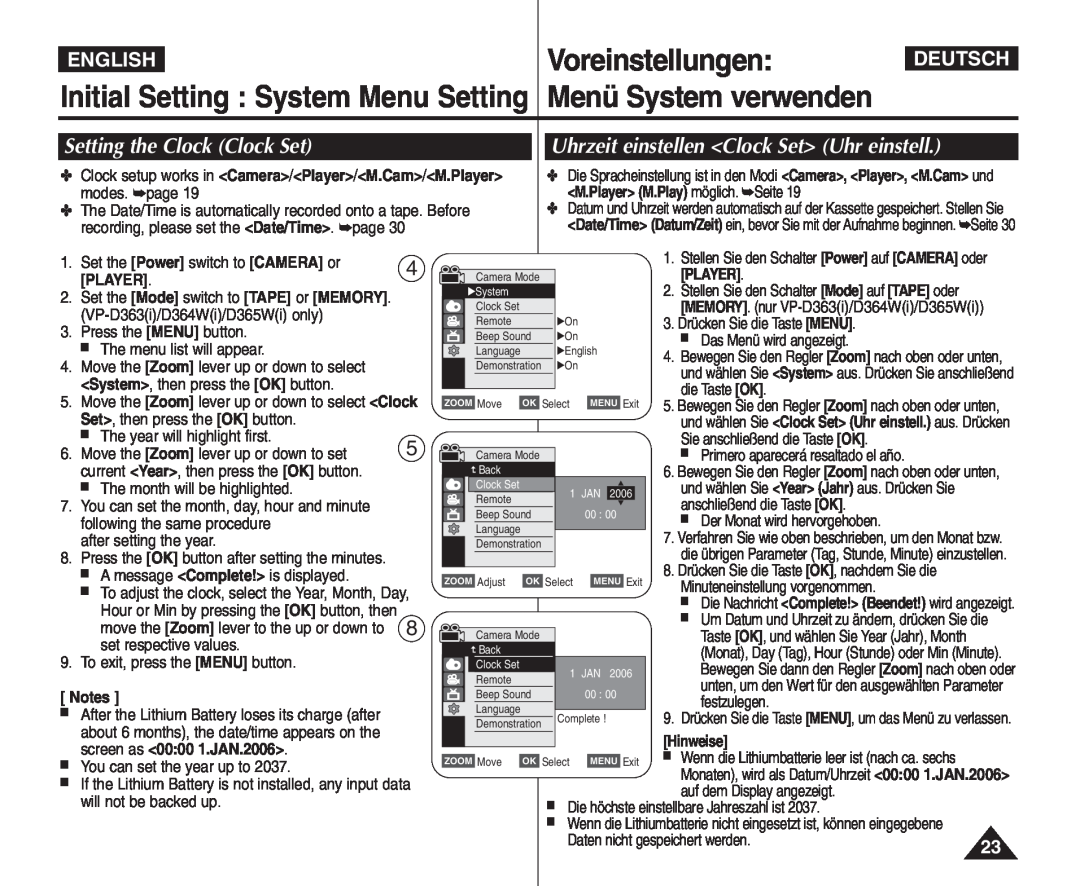 Samsung VP - D364W(i) manual Voreinstellungen, Initial Setting System Menu Setting, Menü System verwenden, English, Deutsch 