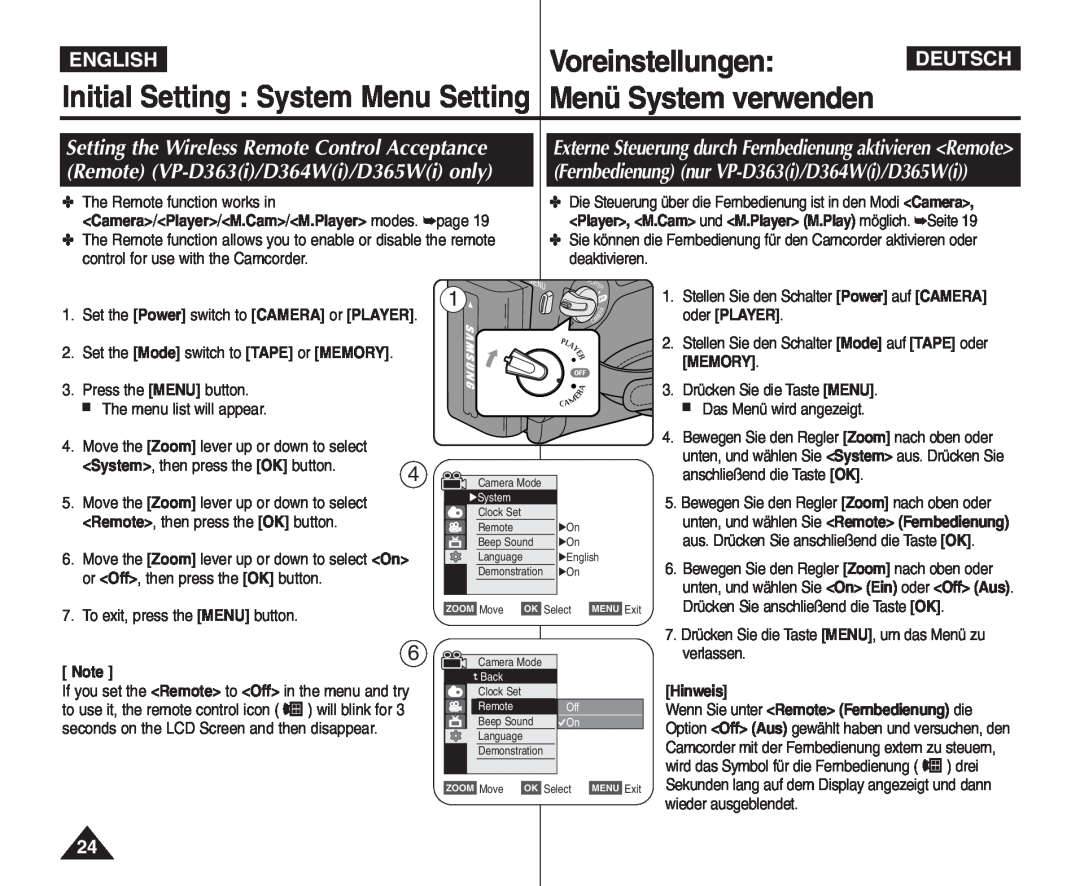 Samsung VP - D365W(i) manual Voreinstellungen, Initial Setting System Menu Setting, Menü System verwenden, English, Deutsch 