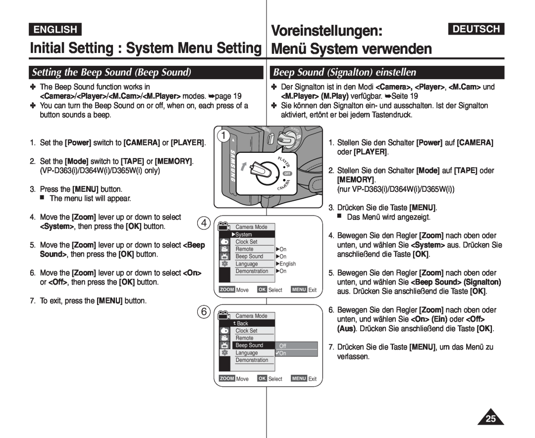 Samsung VP - D361W(i) manual Setting the Beep Sound Beep Sound, Beep Sound Signalton einstellen, Voreinstellungen, English 