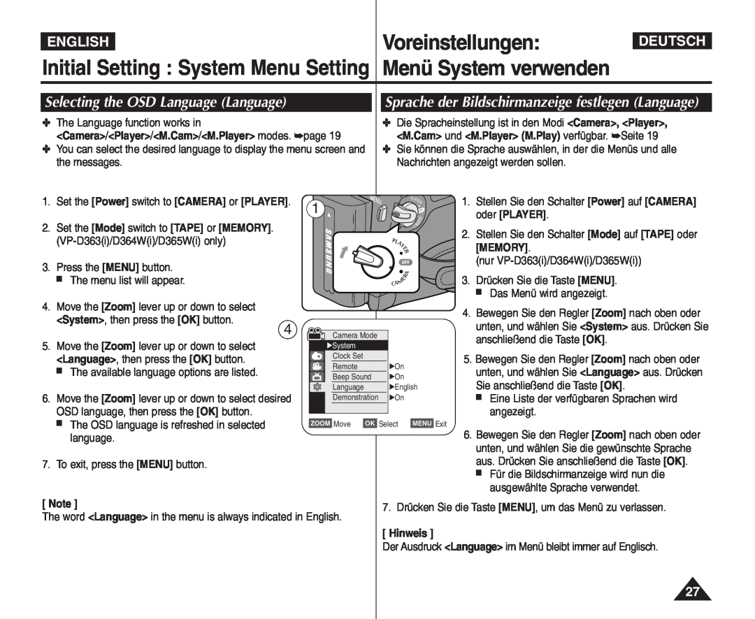 Samsung VP - D365W(i) manual Selecting the OSD Language Language, Sprache der Bildschirmanzeige festlegen Language, English 
