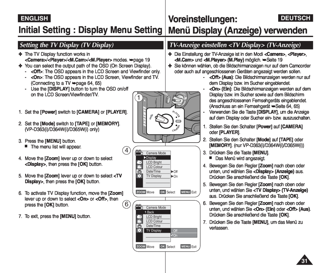 Samsung VP - D361W(i) Voreinstellungen, Initial Setting Display Menu Setting, Menü Display Anzeige verwenden, English 