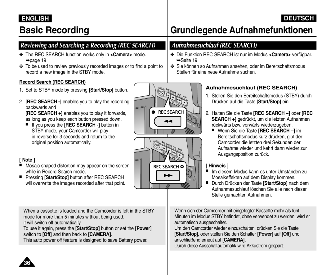 Samsung VP - D365W(i) manual Aufnahmesuchlauf REC SEARCH, Reviewing and Searching a Recording REC SEARCH, Basic Recording 