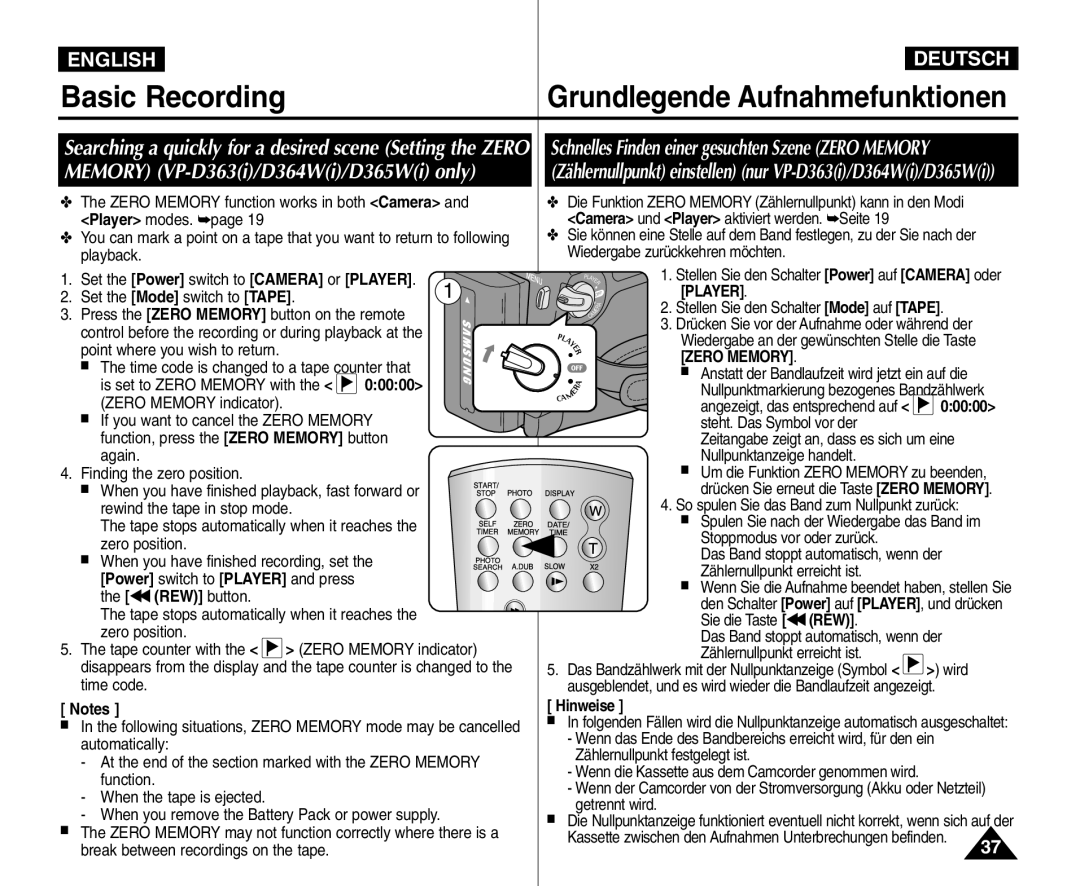Samsung VP - D361W(i) manual Basic Recording, Grundlegende Aufnahmefunktionen, English, Deutsch, 00000, Player, Zero Memory 