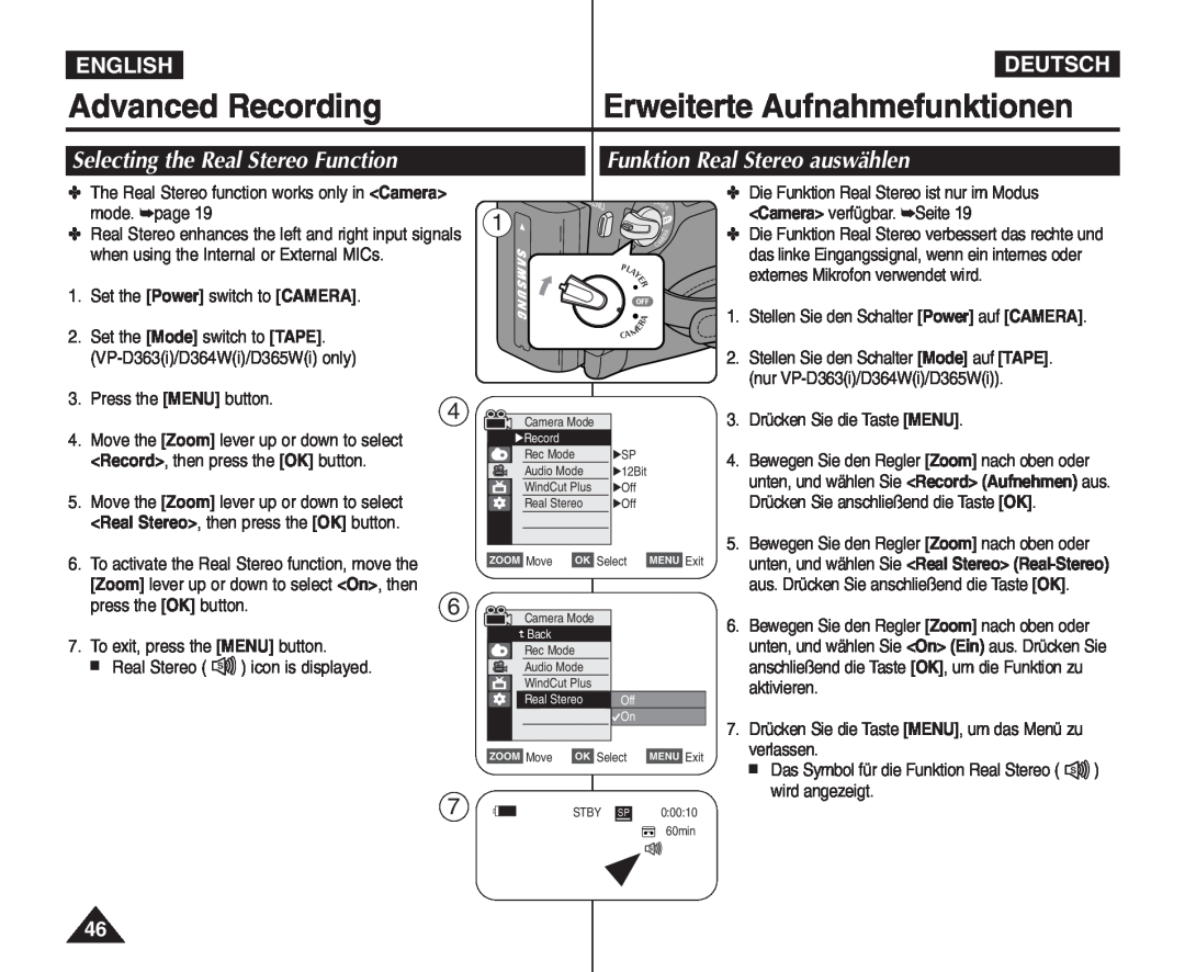 Samsung VP - D361W(i) manual Advanced Recording, Erweiterte Aufnahmefunktionen, Selecting the Real Stereo Function, English 