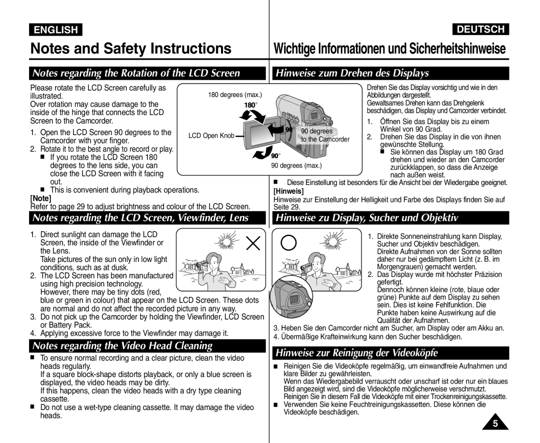 Samsung VP - D364W(i) Notes and Safety Instructions, Notes regarding the Rotation of the LCD Screen, English, Deutsch 
